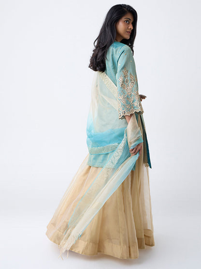 Vark Teal Zari Embroidered A-Line Ethnic Set