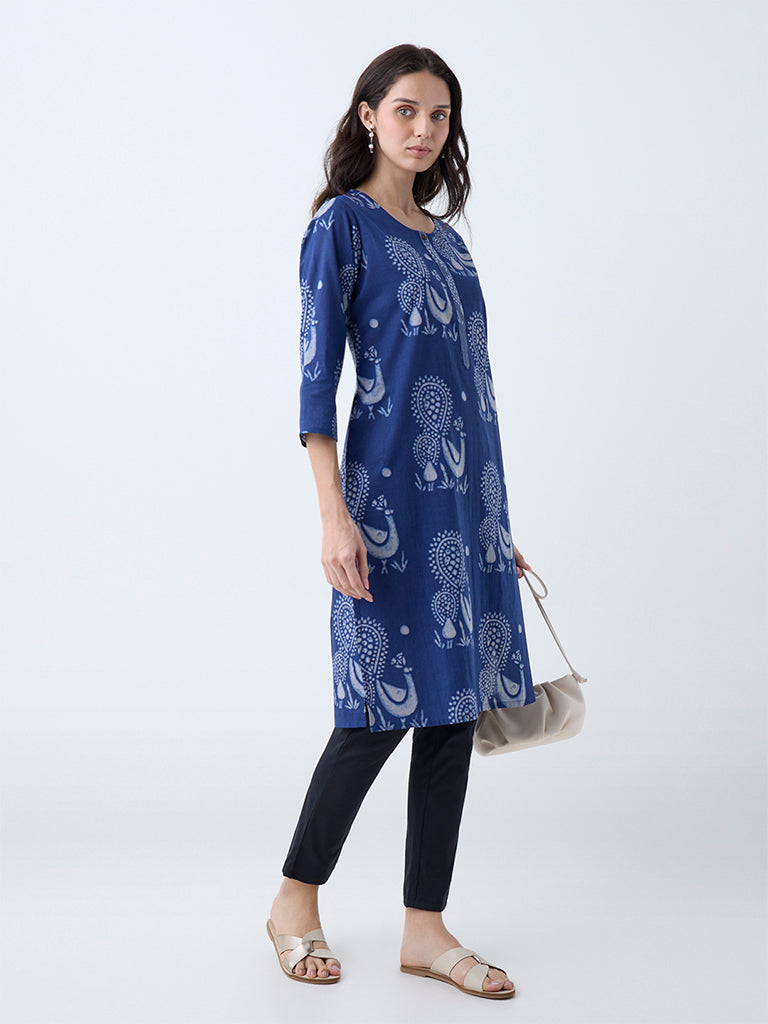 Utsa Indigo Peacock Design Cotton Straight Kurta