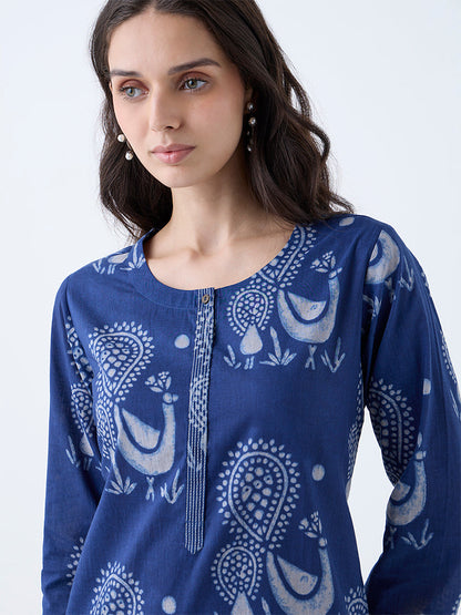 Utsa Indigo Peacock Design Cotton Straight Kurta
