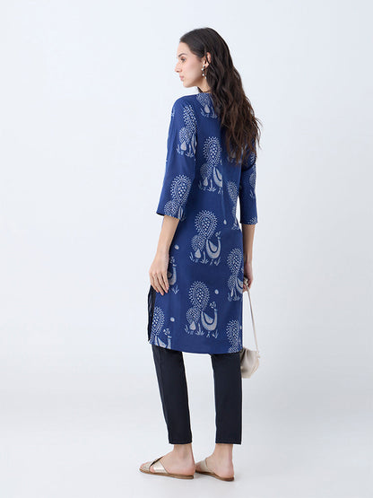 Utsa Indigo Peacock Design Cotton Straight Kurta