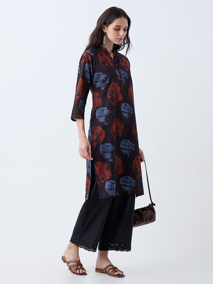 Utsa Dark Brown Leaf Pattern Cotton Straight Kurta