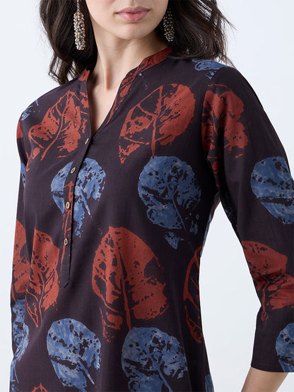 Utsa Dark Brown Leaf Pattern Cotton Straight Kurta