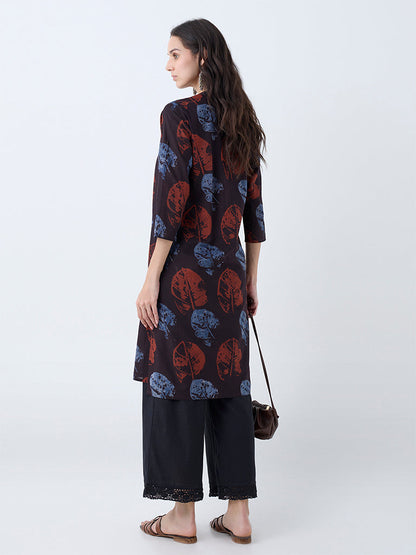 Utsa Dark Brown Leaf Pattern Cotton Straight Kurta