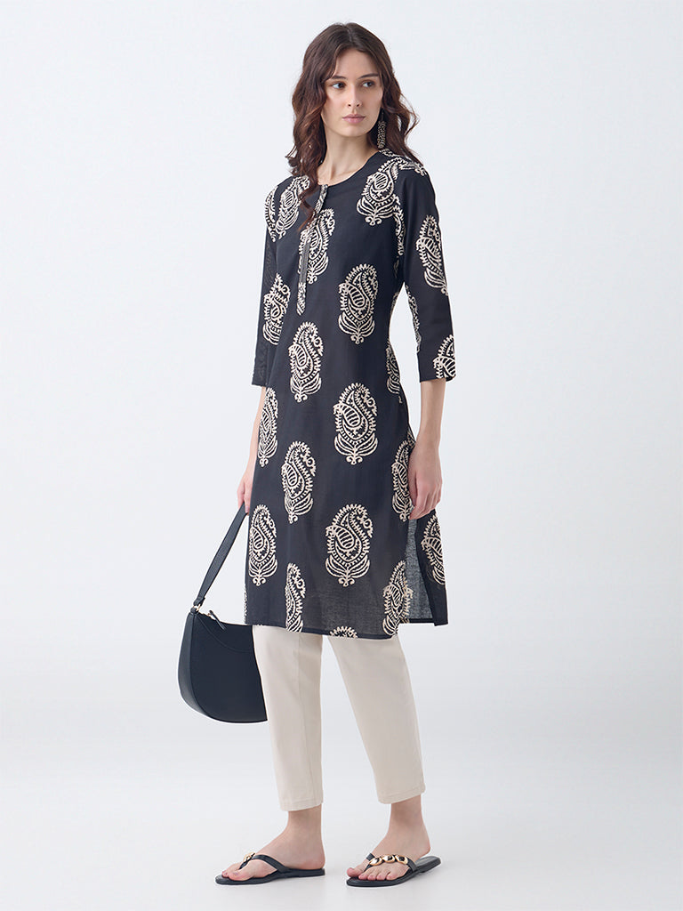 Utsa Black Printed Cotton Straight Kurta