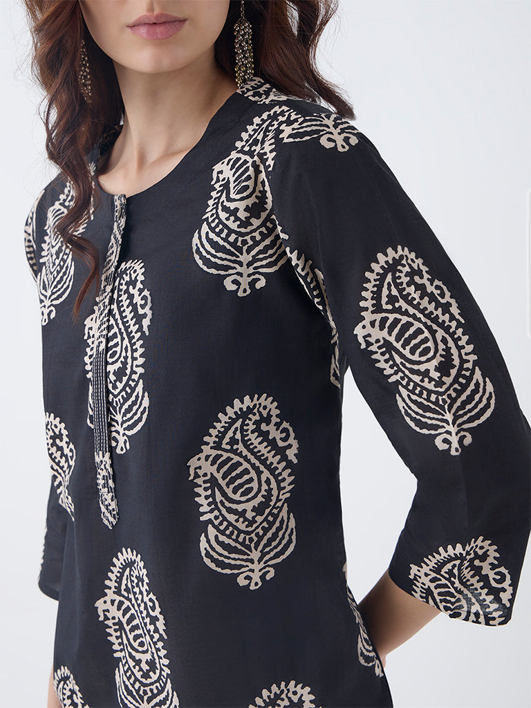 Utsa Black Printed Cotton Straight Kurta