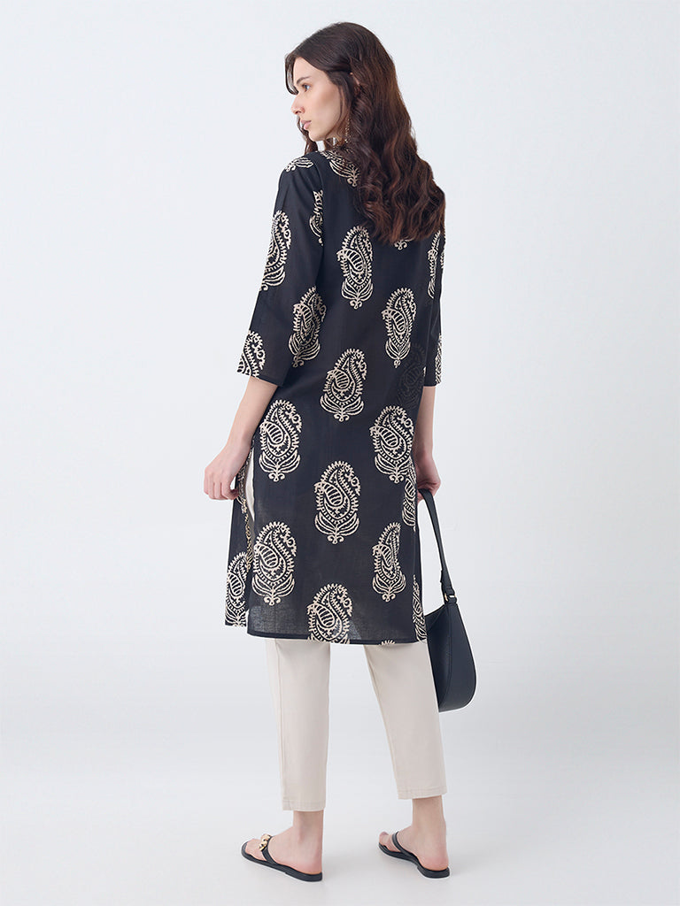Utsa Black Printed Cotton Straight Kurta