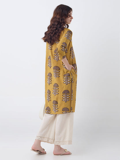 Utsa Mustard Mushroom Design Cotton Straight Kurta