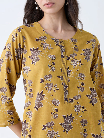 Utsa Mustard Floral Design Cotton Straight Kurta
