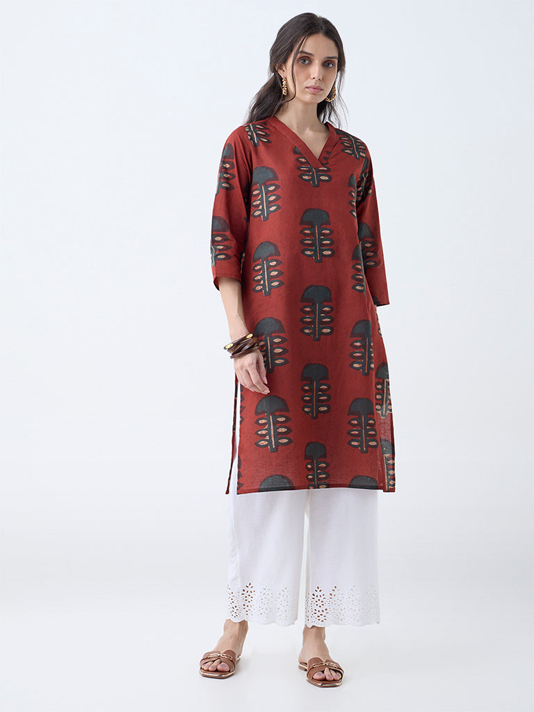 Utsa Maroon Mushroom Printed Cotton Straight Kurta