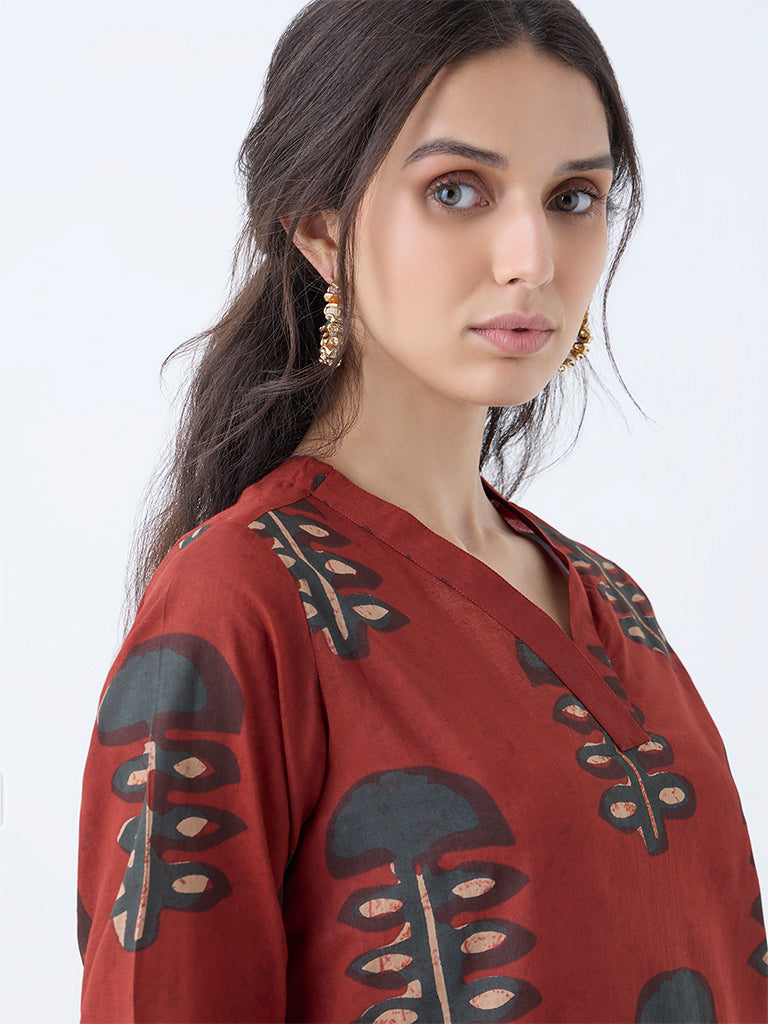 Utsa Maroon Mushroom Printed Cotton Straight Kurta
