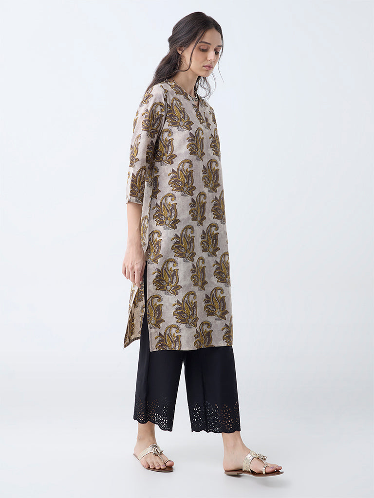 Utsa Charcoal Botanical Design Cotton Straight Kurta