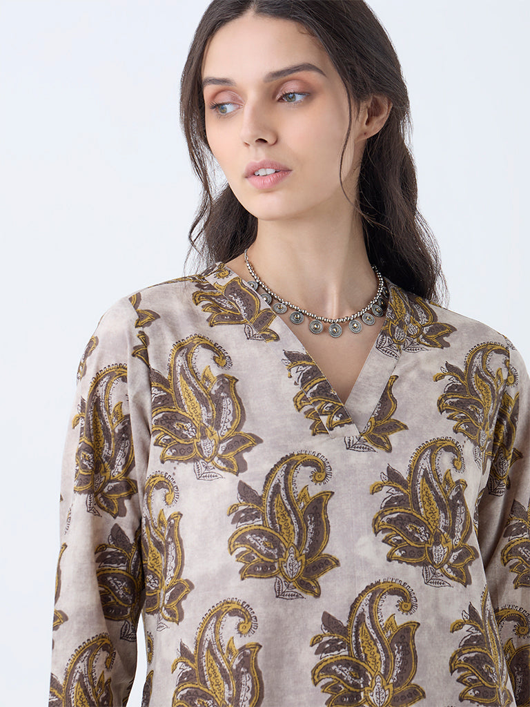 Utsa Charcoal Botanical Design Cotton Straight Kurta