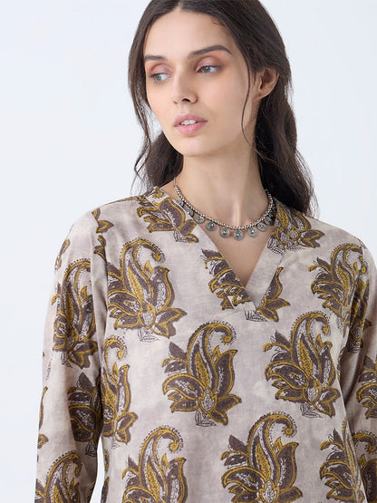 Utsa Charcoal Botanical Design Cotton Straight Kurta