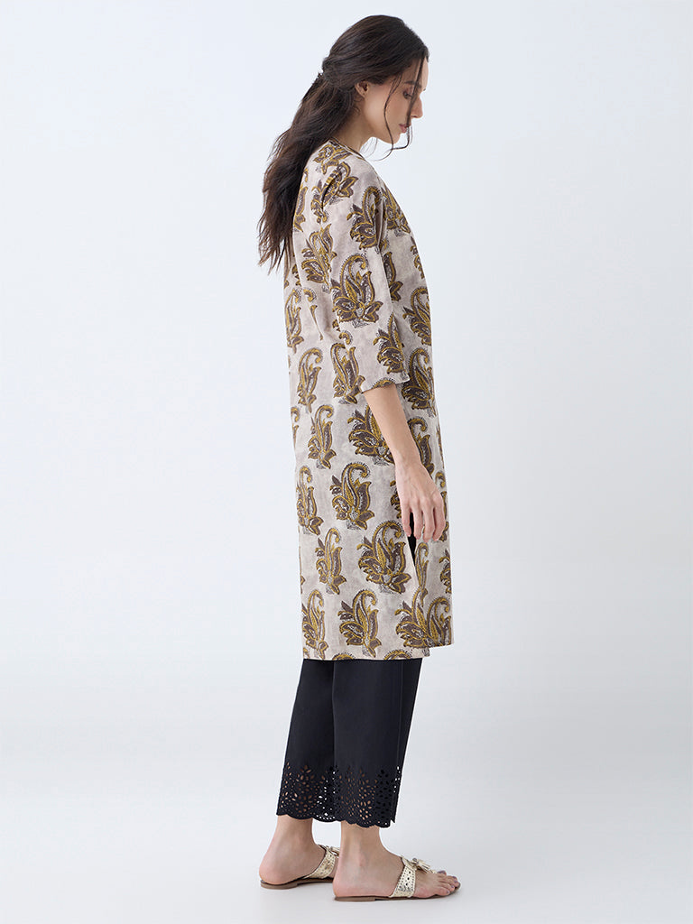 Utsa Charcoal Botanical Design Cotton Straight Kurta