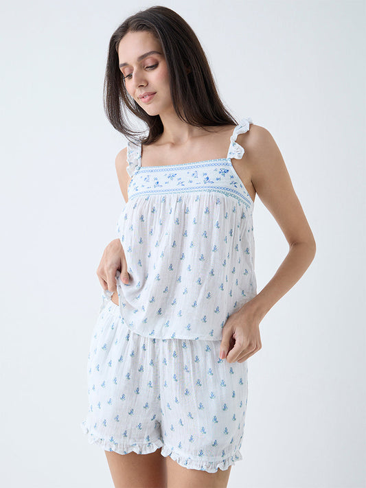 Wunderlove White Floral Cotton Top and Shorts Set