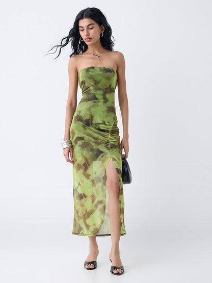 Nuon Lime Floral Design Mesh Tube Dress