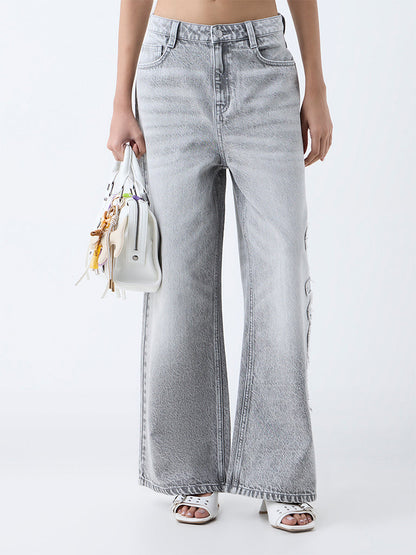 Nuon Grey Faded Wide-Leg Mid-Rise Jeans
