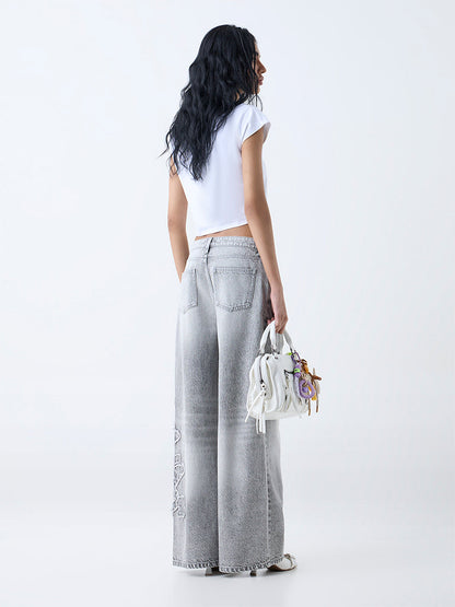Nuon Grey Faded Wide-Leg Mid-Rise Jeans