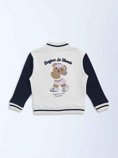HOP Kids White Colour-Blocked Cotton-Blend Varsity Jacket