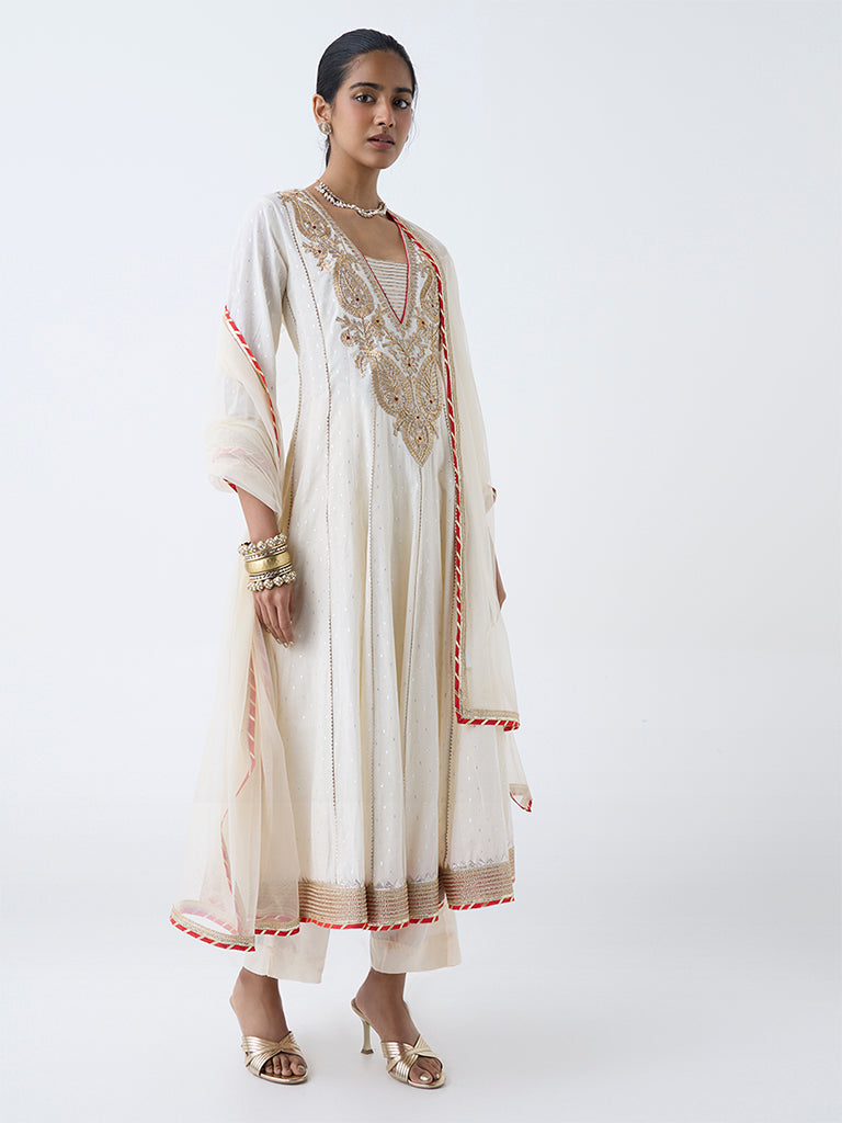 Vark Off-White Cotton-Blend Anarkali Ethnic Set