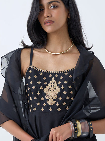 Vark Black Zari Embroidered A-Line Ethnic Set