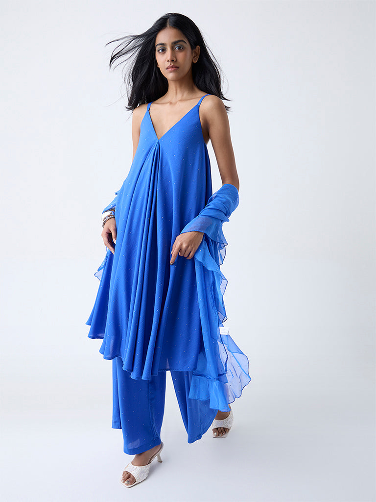 Vark Blue Diamante Embellished A-Line Ethnic Set