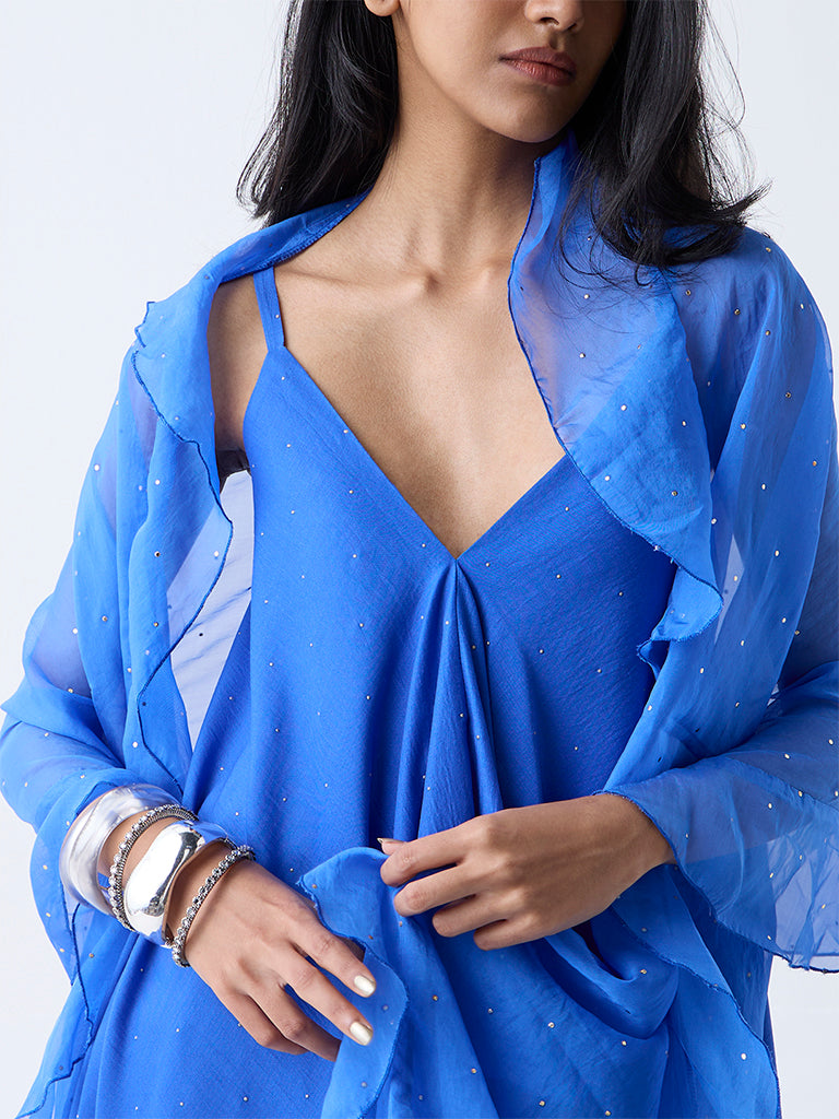 Vark Blue Diamante Embellished A-Line Ethnic Set