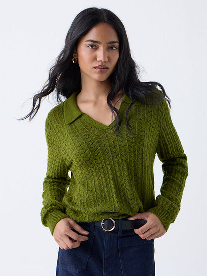 LOV Green Knit-Textured Sweater