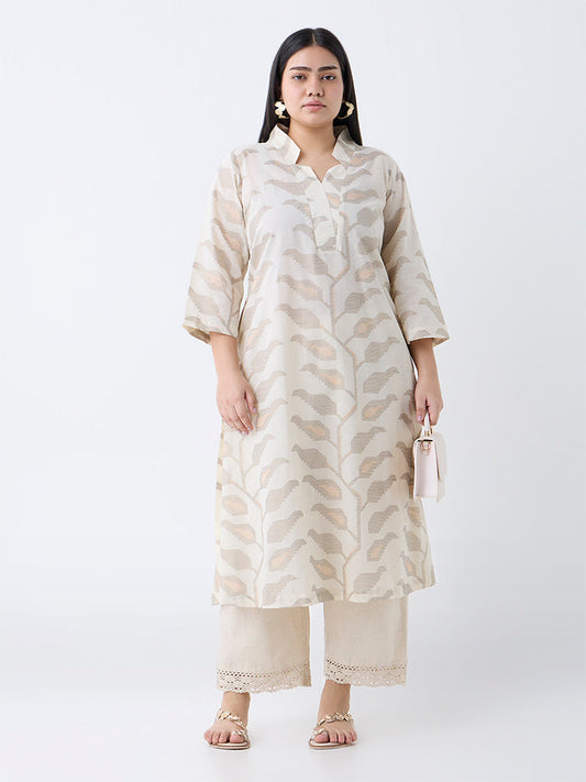 Diza Off-White Botanical Design Cotton-Blend A-Line Kurta