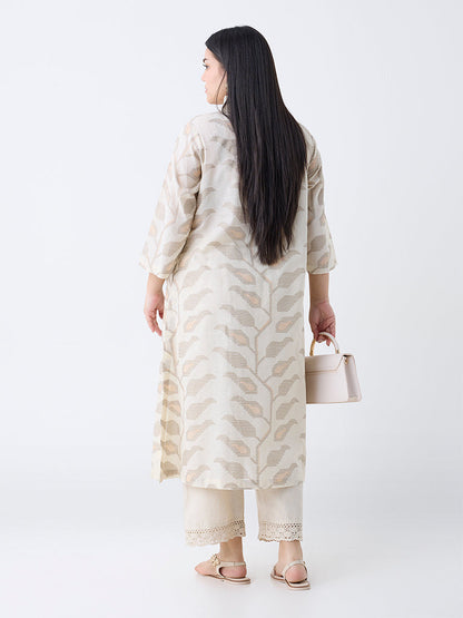 Diza Off-White Botanical Design Cotton-Blend A-Line Kurta