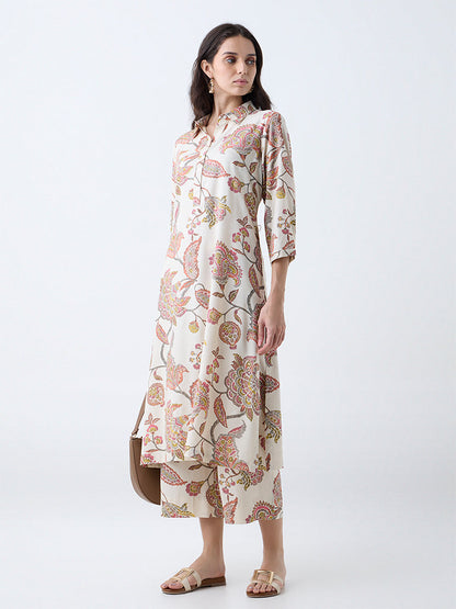 Utsa Beige Botanical Design A-Line Kurta