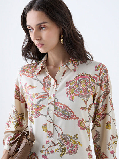 Utsa Beige Botanical Design A-Line Kurta