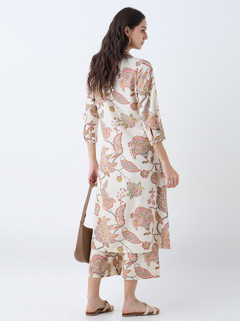 Utsa Beige Botanical Design A-Line Kurta