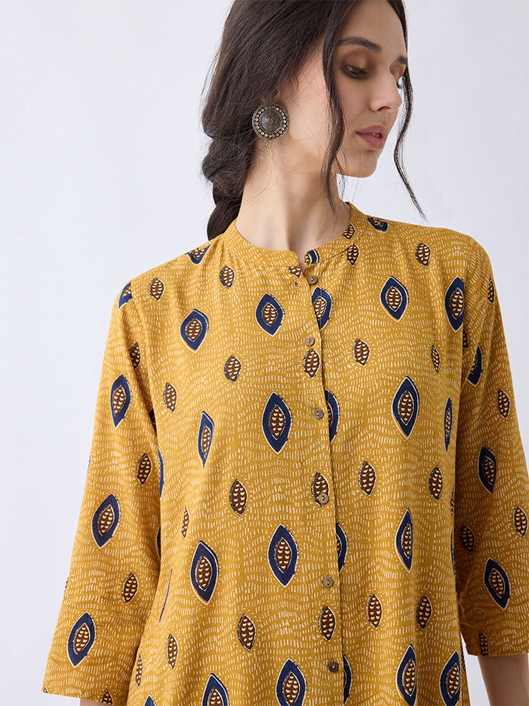 Utsa Mustard Printed A-Line Kurta