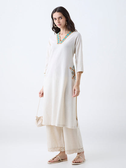 Utsa Beige Embroidered Cotton-Blend A-Line Kurta