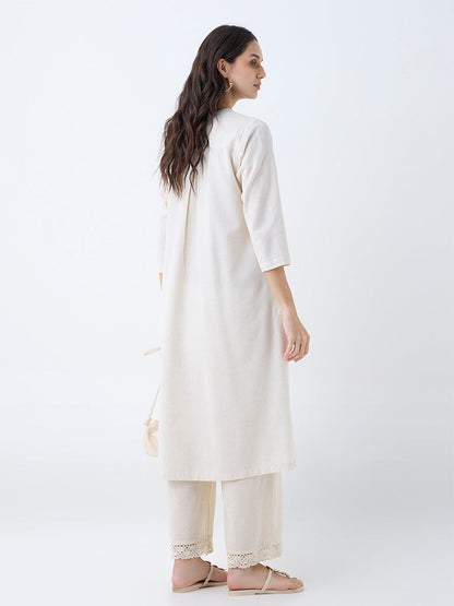 Utsa Beige Embroidered Cotton-Blend A-Line Kurta