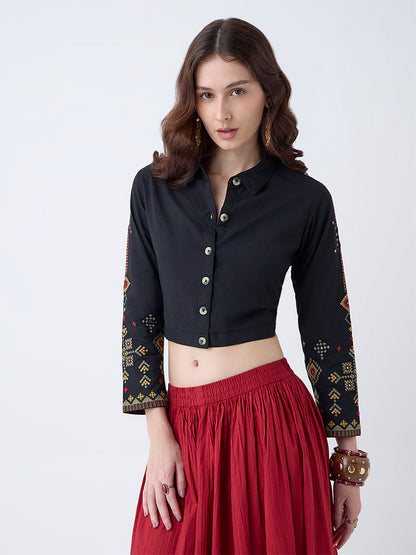 Utsa Black Embroidered Cotton-Blend Ethnic Shirt