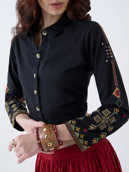 Utsa Black Embroidered Cotton-Blend Ethnic Shirt