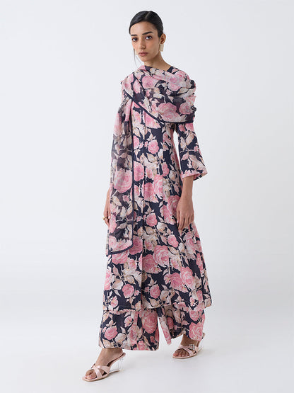 Zuba Black Floral Pattern A-Line Kurta