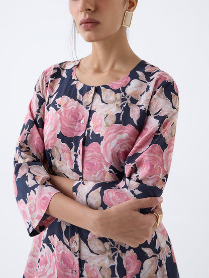 Zuba Black Floral Pattern A-Line Kurta