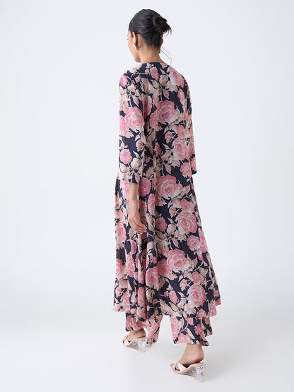Zuba Black Floral Pattern A-Line Kurta