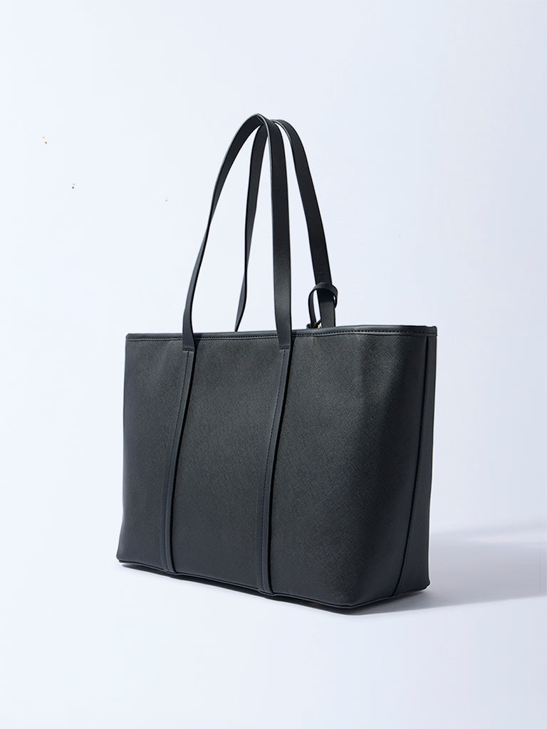 Westside Black Panel-Detailed Tote Bag with Laptop Sleeves and Pouch