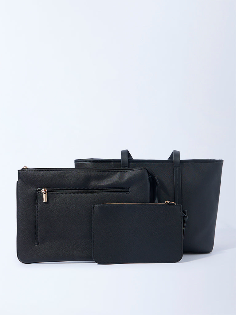Westside Black Panel-Detailed Tote Bag with Laptop Sleeves and Pouch