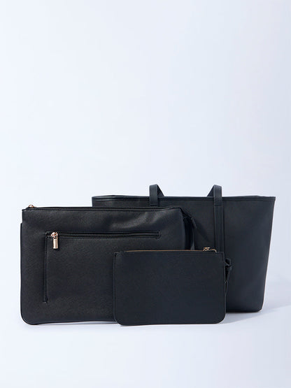 Westside Black Panel-Detailed Tote Bag with Laptop Sleeves and Pouch