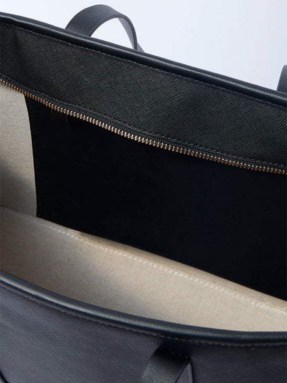 Westside Black Panel-Detailed Tote Bag with Laptop Sleeves and Pouch