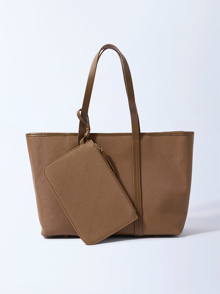Westside Tan Panel-Detailed Tote Bag with Laptop Sleeves and Pouch
