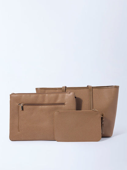 Westside Tan Panel-Detailed Tote Bag with Laptop Sleeves and Pouch