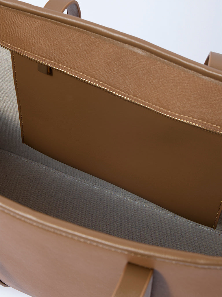 Westside Tan Panel-Detailed Tote Bag with Laptop Sleeves and Pouch