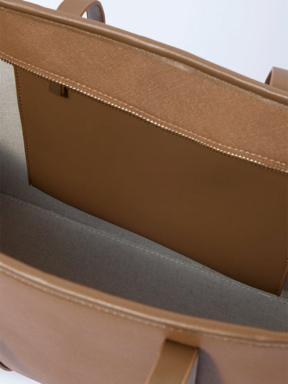 Westside Tan Panel-Detailed Tote Bag with Laptop Sleeves and Pouch