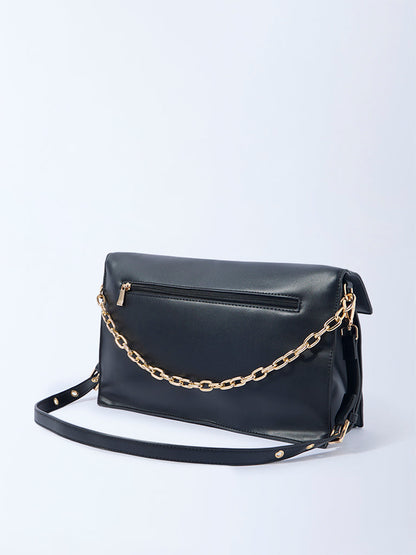 Westside Black Solid Sling Bag with Chain Handle